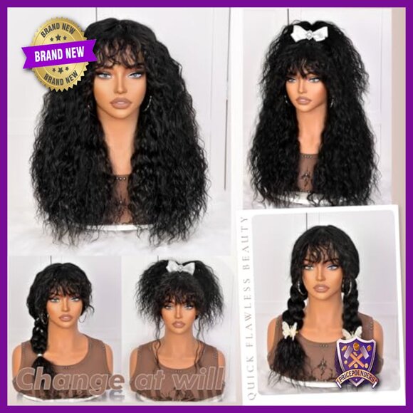 Long Curly Human Hair Wig with Bangs, Glueless, True Scalp, Daily Wear